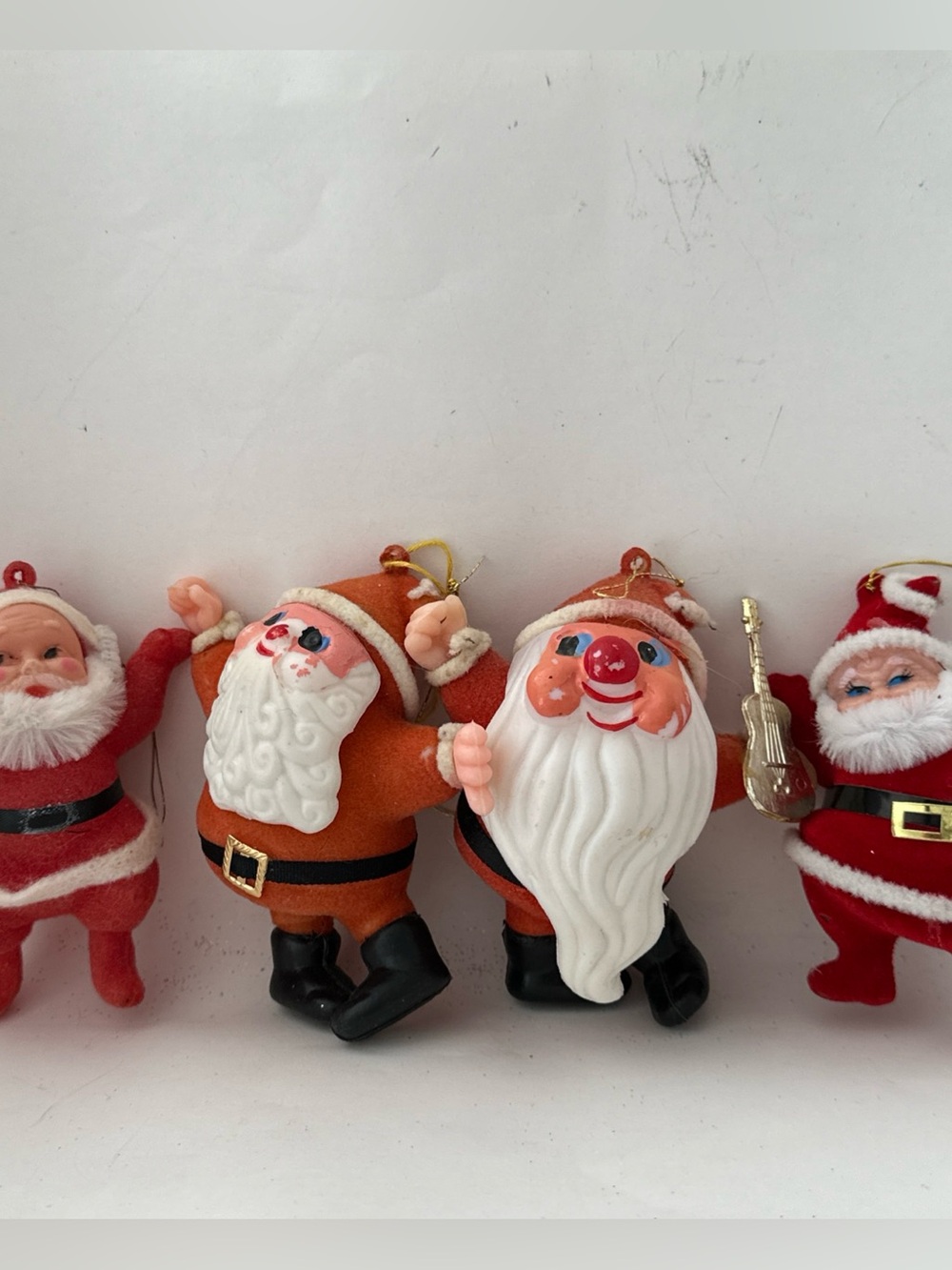 BUNDLE OF 4 Vintage Blow Mold Flocked Santa's Christmas Ornament